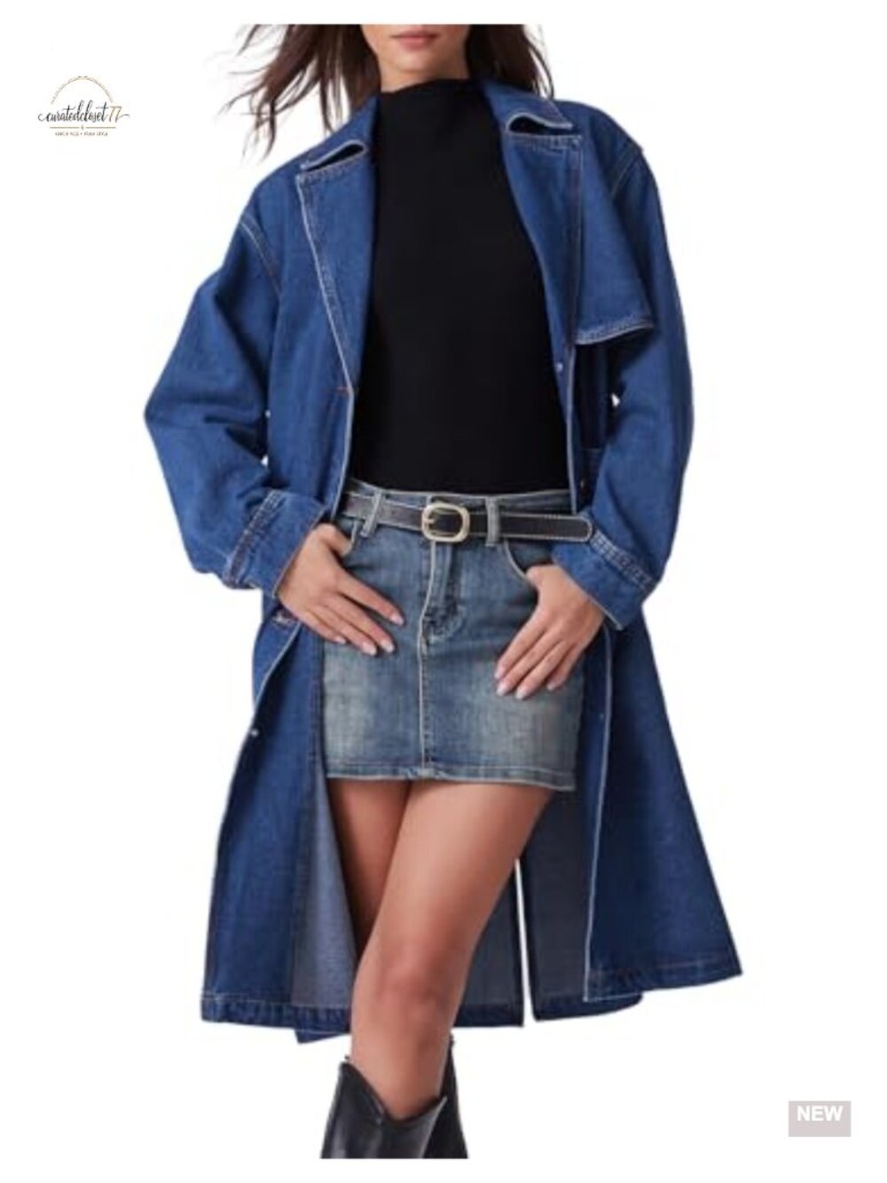 Women's Long Denim Trench Coat Button Down Oversized Jean Jacket with Belt